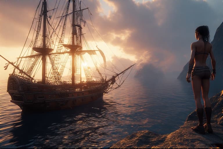AI generated: Photo of a ultra realistic sailing ship, dramatic light, pale sunrise, cinematic lighting, battered,...