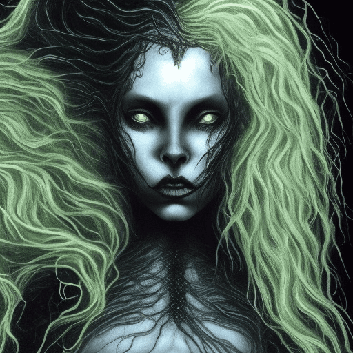 AI generated: A dark fantasy portrait of a deep-sea siren facing the camera. Her long, scaly hair flows like seawe...
