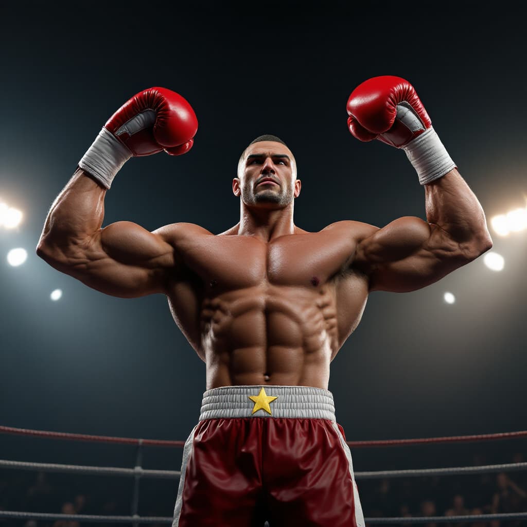 AI generated: powerful boxer stands in the ring and flexes his biceps, hyper realism, high detail, octane render, ...