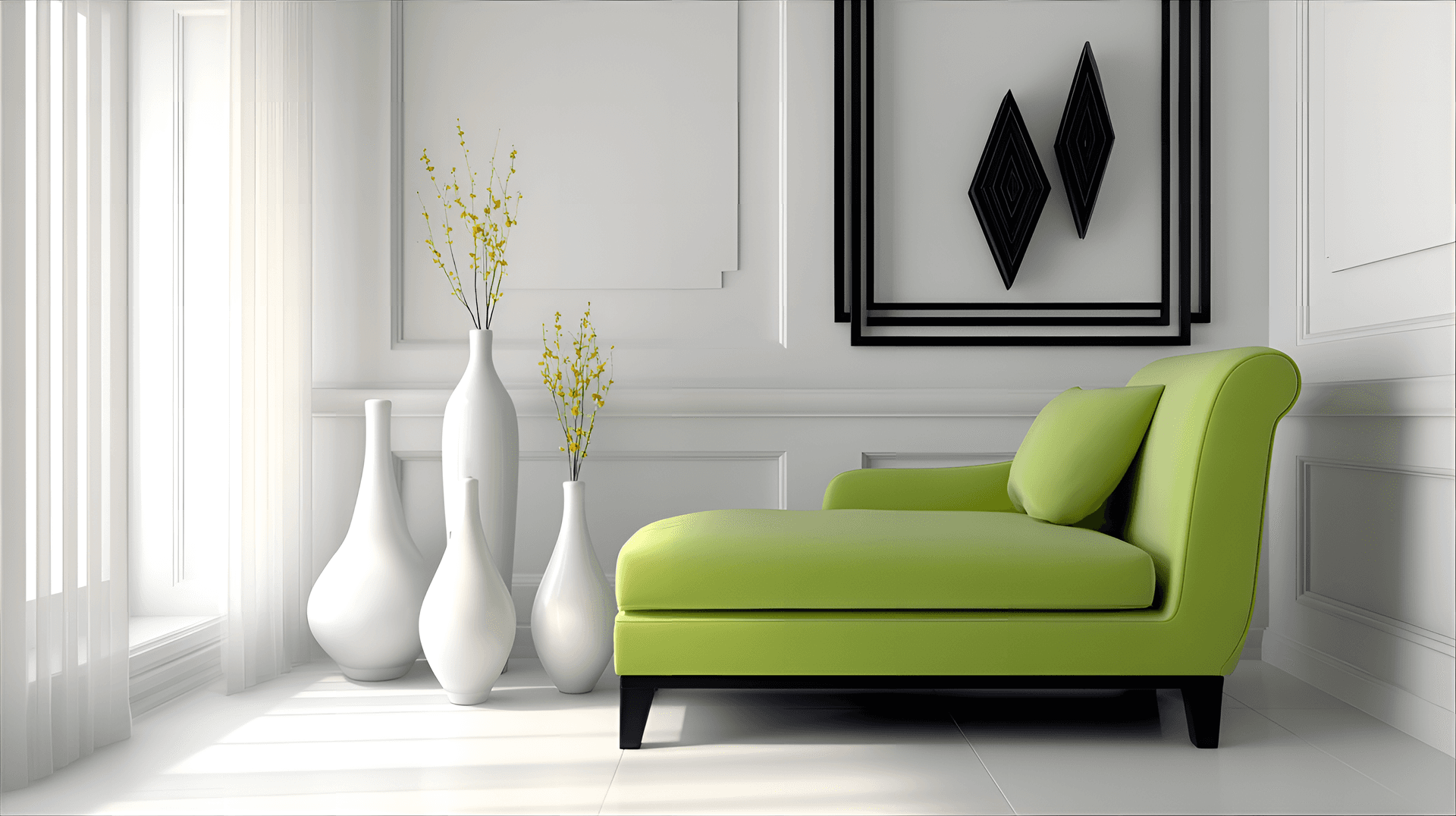 AI generated: Modern minimalist interior, bright and empty room with a lime green chaise lounge, three white vases...