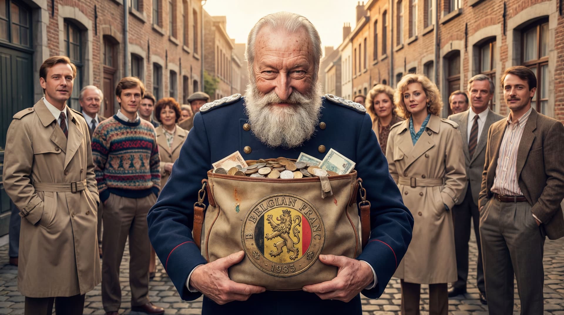 AI generated: extend picture and make him hold a big bag satchel of money with the Belgium franc logo shown on it ...