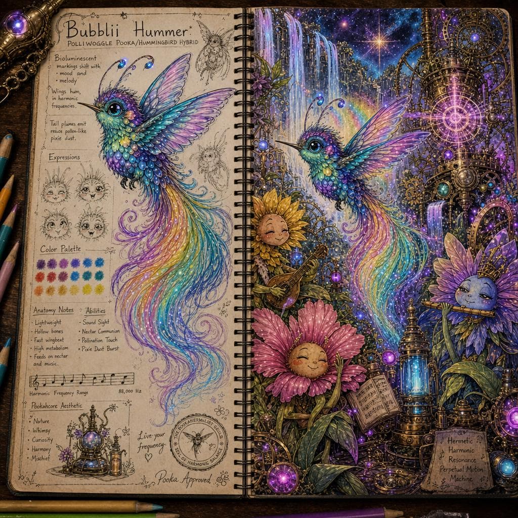 AI generated: A cute Pollywoggle pooka/hummingbird hybrid, known as a "Bubbllii Hummer," featuring intricate biolu...