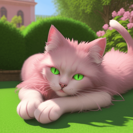 AI generated: 3D cat pink green eyes, angel face, with long fur, long clawsv, lying down in a garden, sunny day, b...