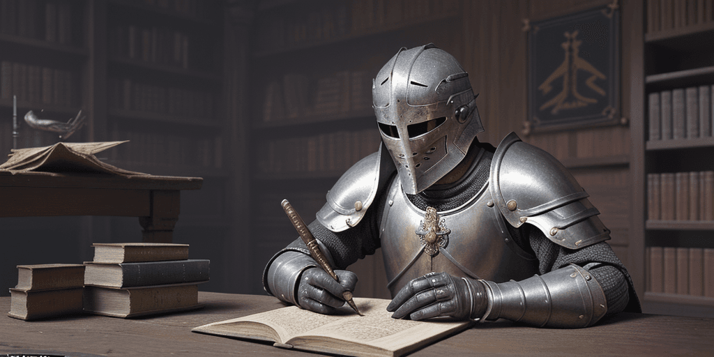 AI generated: A fascinating and skillfully detailed illustration with aspect ratio 16:9. The knight in old armor s...