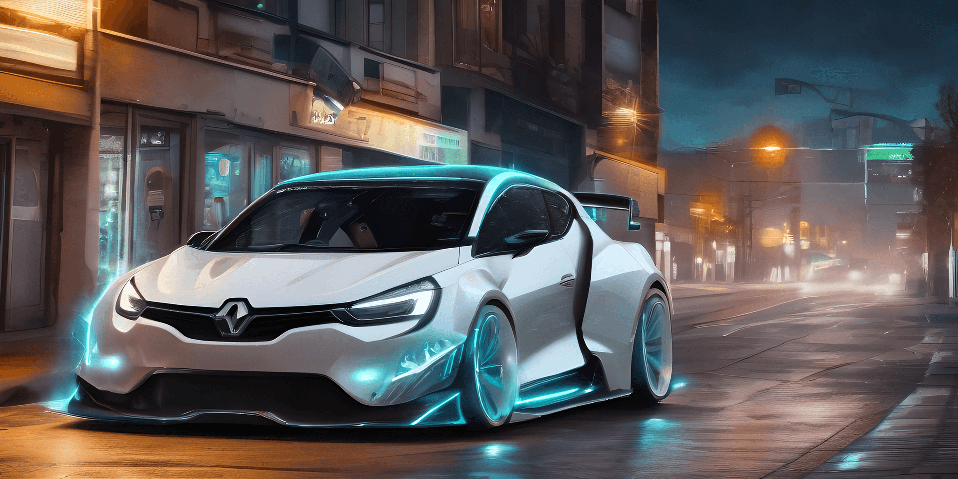 AI generated: ((futuristic lightning sports car resembling white renault clio)) , photorealistic, hdr 8k, vivid co...