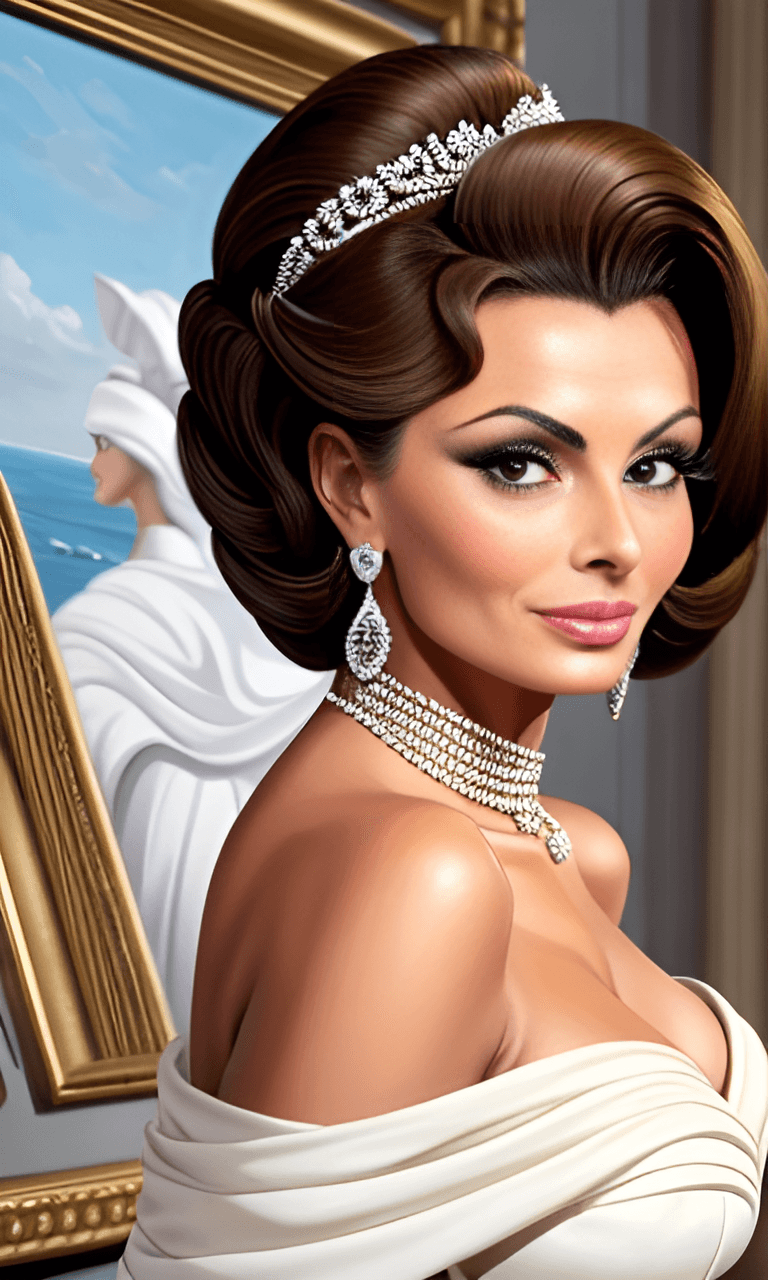 AI generated: A close-up portrait of classic Sophia Loren's Iconic Style, most glamorous, wears a white mink coat ...