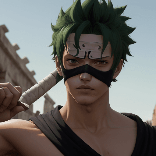 AI generated: Una imagen ultra realista de zoro personaje de anime como humano, con la ropa de goku en un fondo ca...