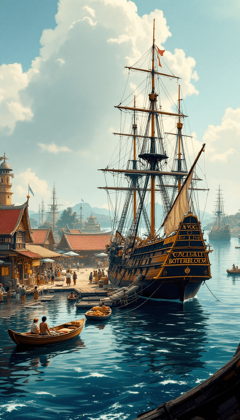 AI generated: Create a historical illustration from the perspective of the sea, showing the VOC ship Boterbloem do...