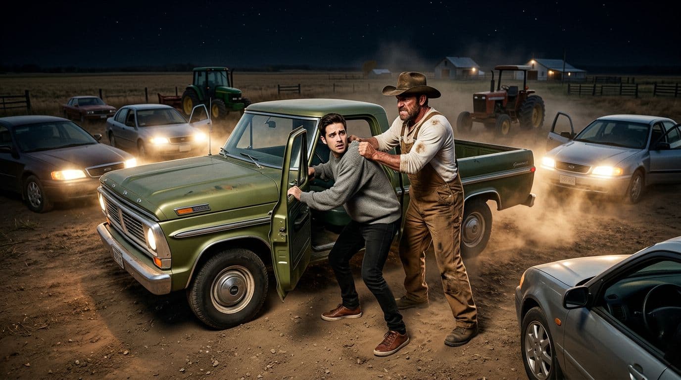 AI generated: In an Autumn night at a ranch. The vintage olive green Ford pick up truck is parked between nine car...