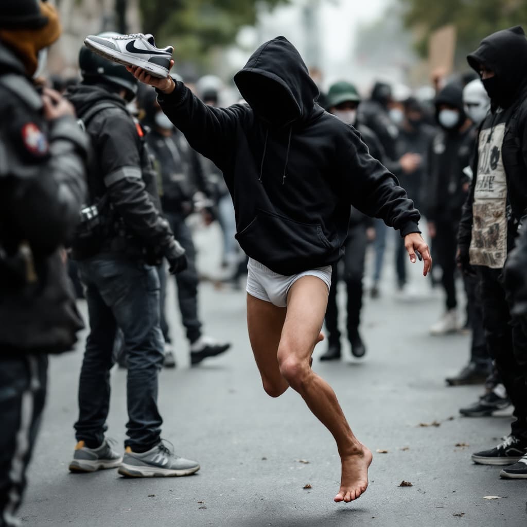 AI generated: High resolution photography of a boy, who is a black block is at a demonstration with his face cover...