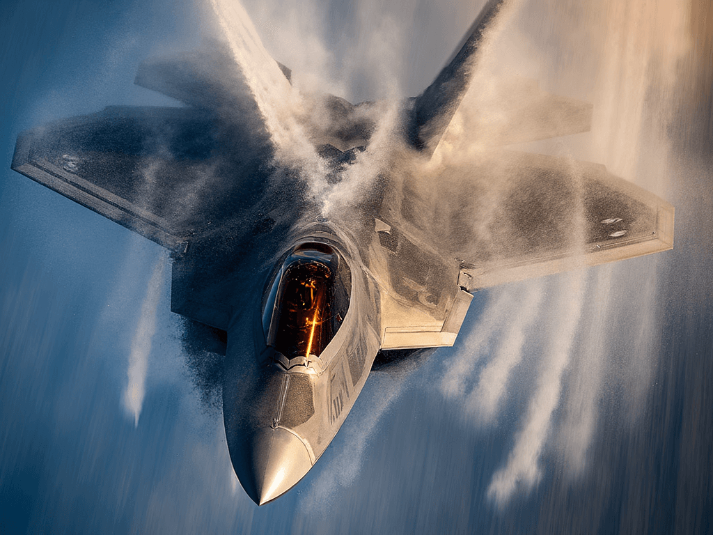 AI generated: An F-22 Raptor in a high angle-of-attack maneuver, captured in a powerful close-up. Vapor swirls den...