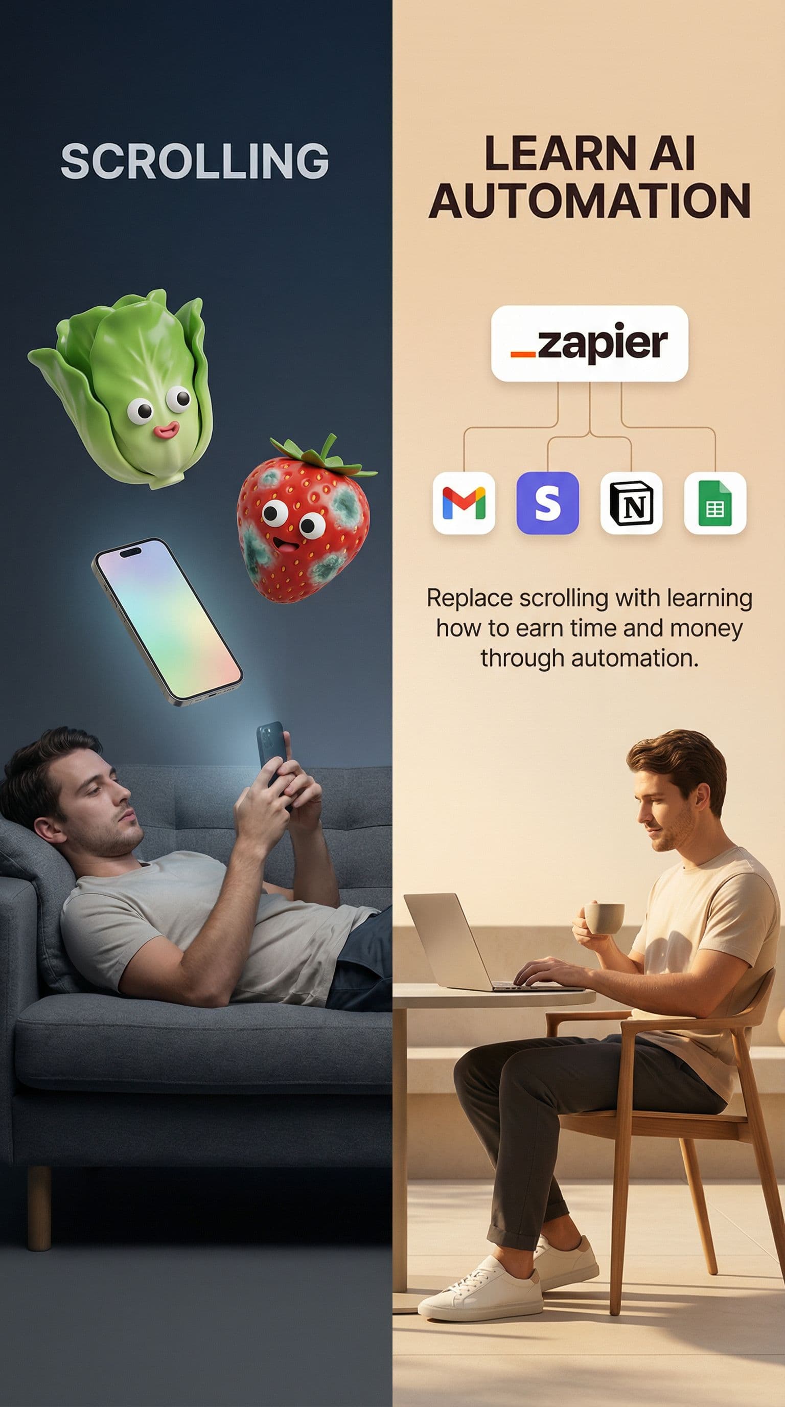 AI generated: Minimal split-screen advertising image with a clean, modern lifestyle aesthetic.
The image is vertic...