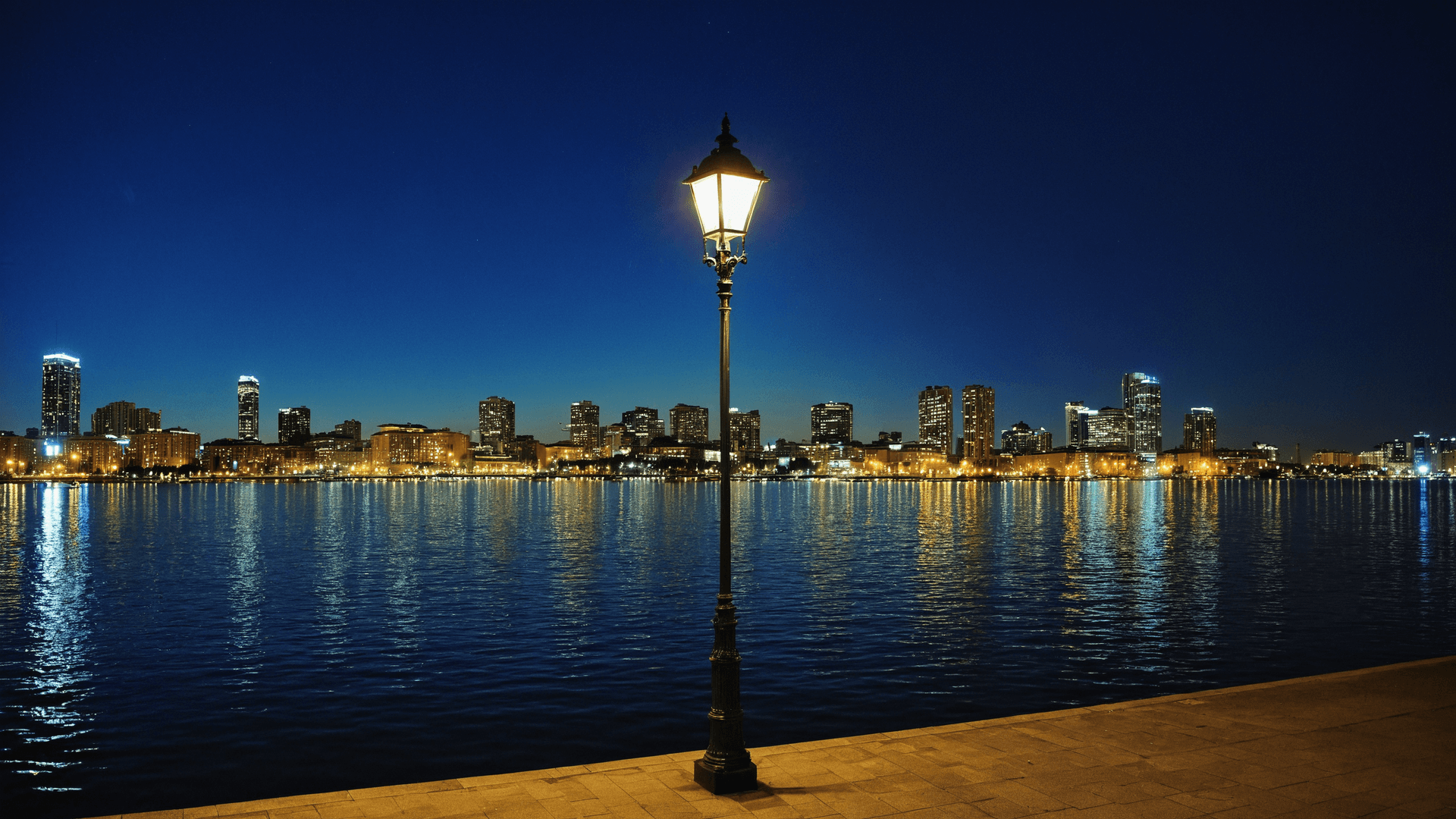 AI generated: scenery, lamppost, outdoors, night, sky, water, buildings, city