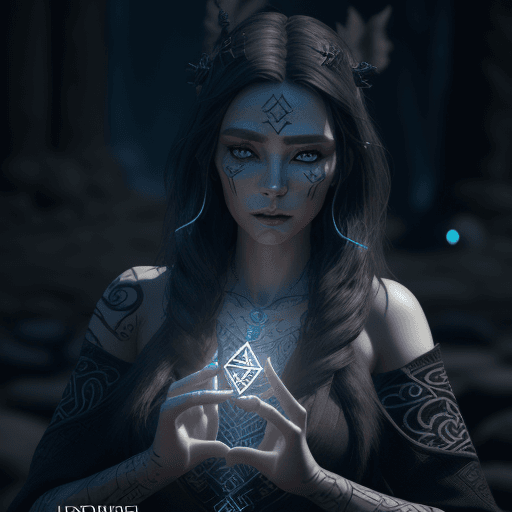 AI generated: A runic witch with runes and glowing engraved runic voodo symbols with elegant realistic skin featur...