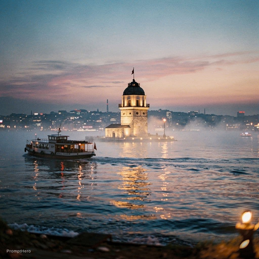AI generated: A poetic Istanbul evening with the Maiden’s Tower seen across calm water and a nostalgic ferry passi...