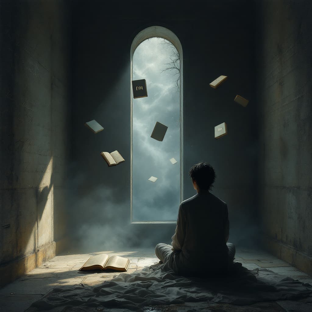 AI generated: A digital painting of a solitary figure in a twilight room, shadows dancing across ancient walls cov...