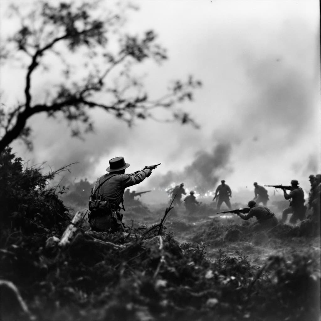 AI generated: A solider pointing gun at enemy in Warfield in 1919