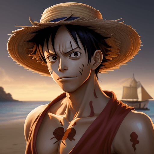AI generated: Monkey D. Luffy, one piece anime, X-shaped scar on his chest, Straw Hat, symmetrical body, portrait,...