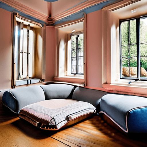 AI generated: High resolution photography interior design, dreamy sunken living room conversation pit, wooden floo...
