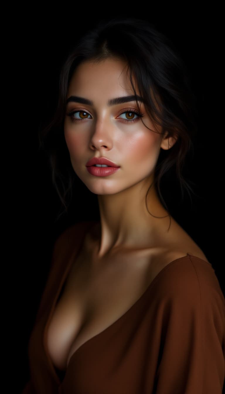 AI generated: a woman with a brown top and a black background and a black background with a white background and a...