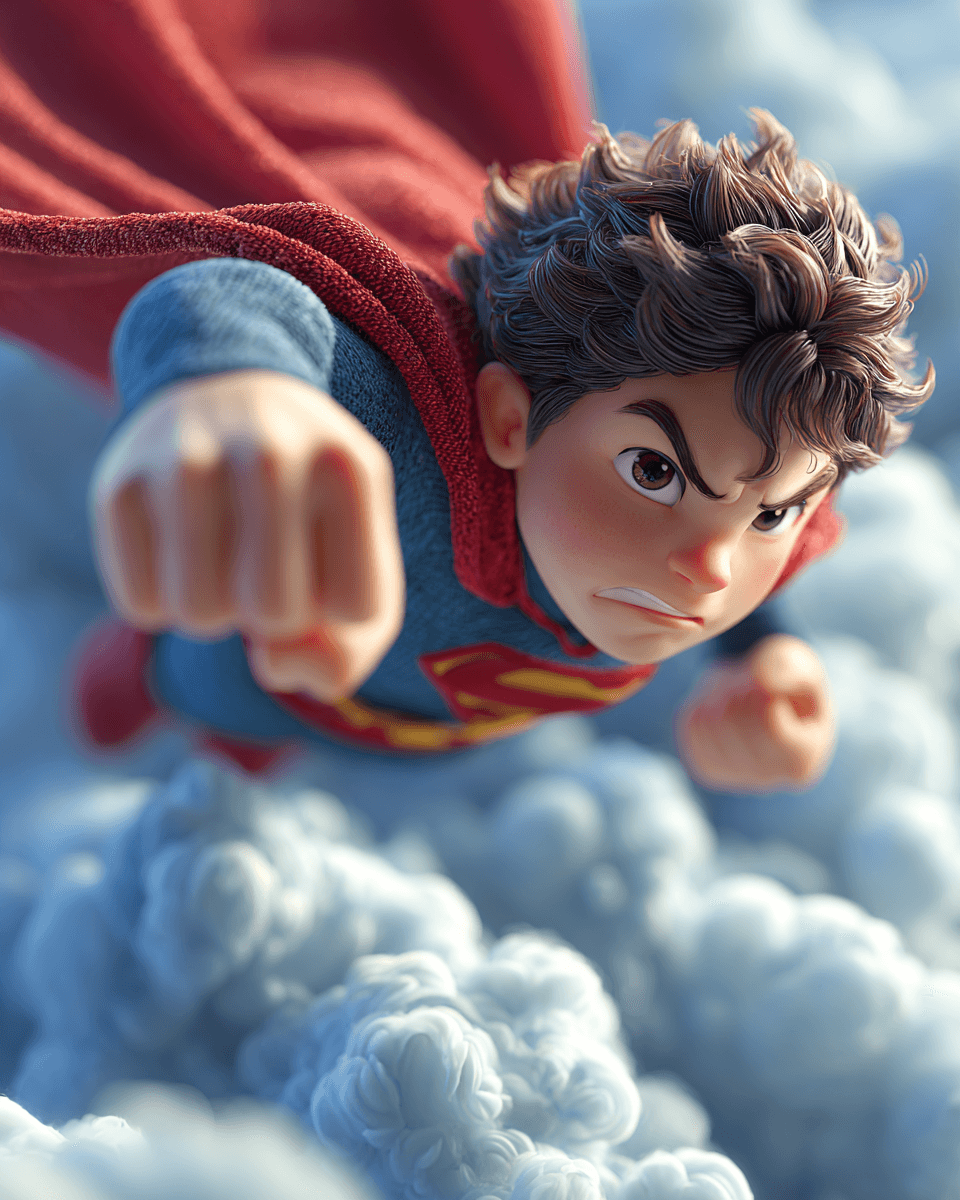 AI generated: cartoon 3D sunny bright Pixar-style image, super hero --chaos 75 --ar 4:5 --raw --stylize 750
