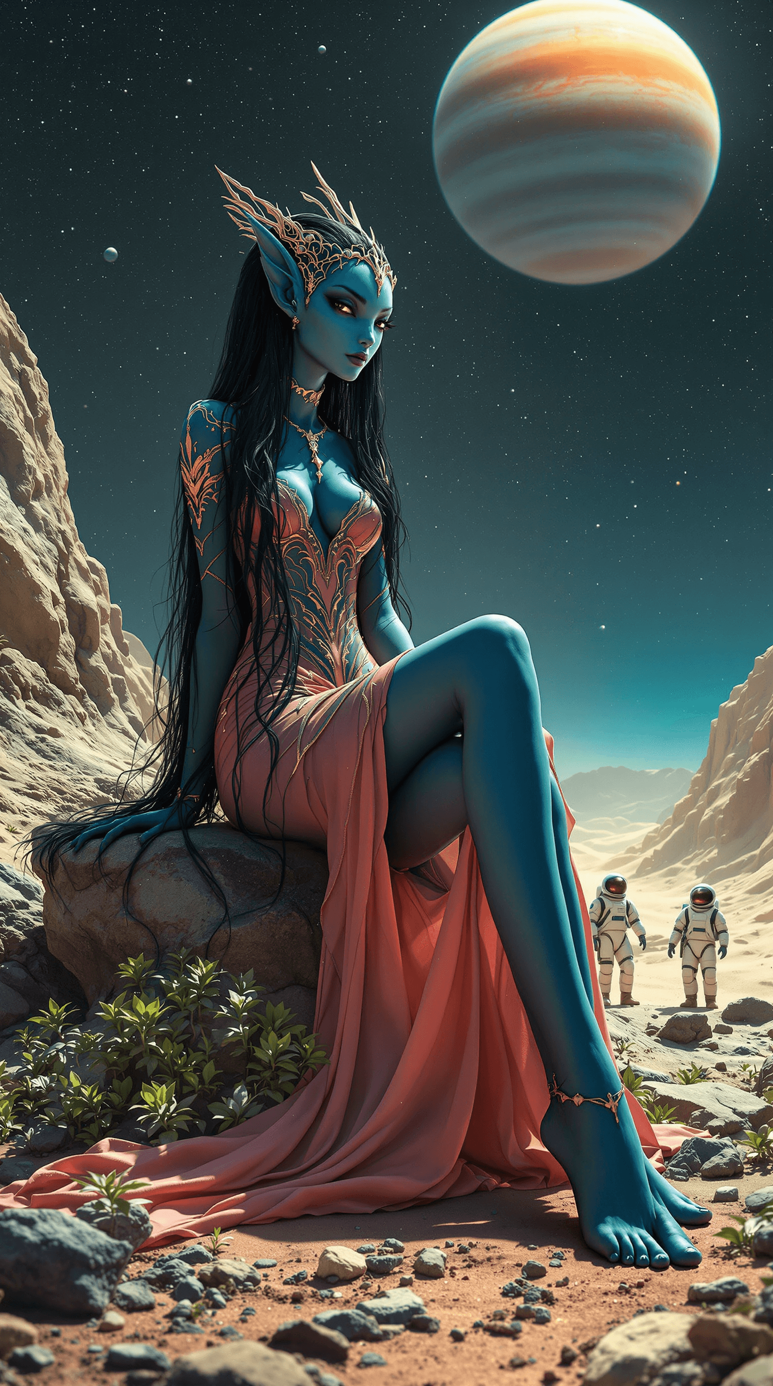AI generated: full body view of a beautiful alien princess, long black hair, light red dress, sitting, dark blue s...