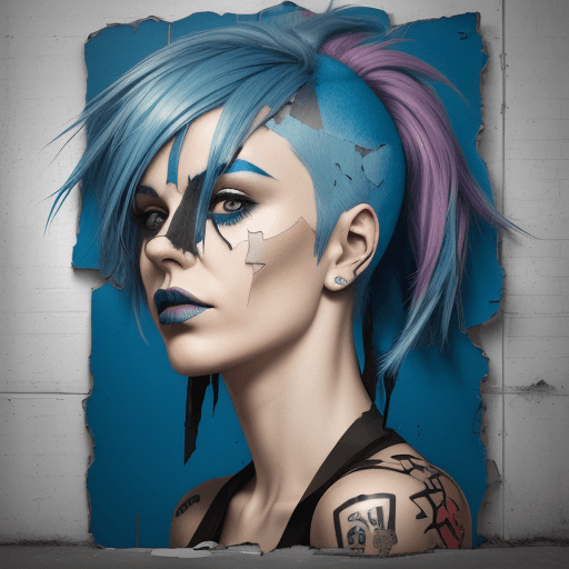 AI generated: woman with blue hair, in the style of multi-layered collages, edgy street art, celebrity-portraits, ...