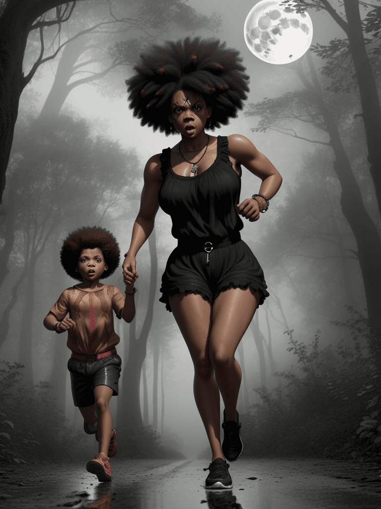 AI generated: light skinned black woman and son, running in the forest ,curly  afros, woman in sundress, child in ...