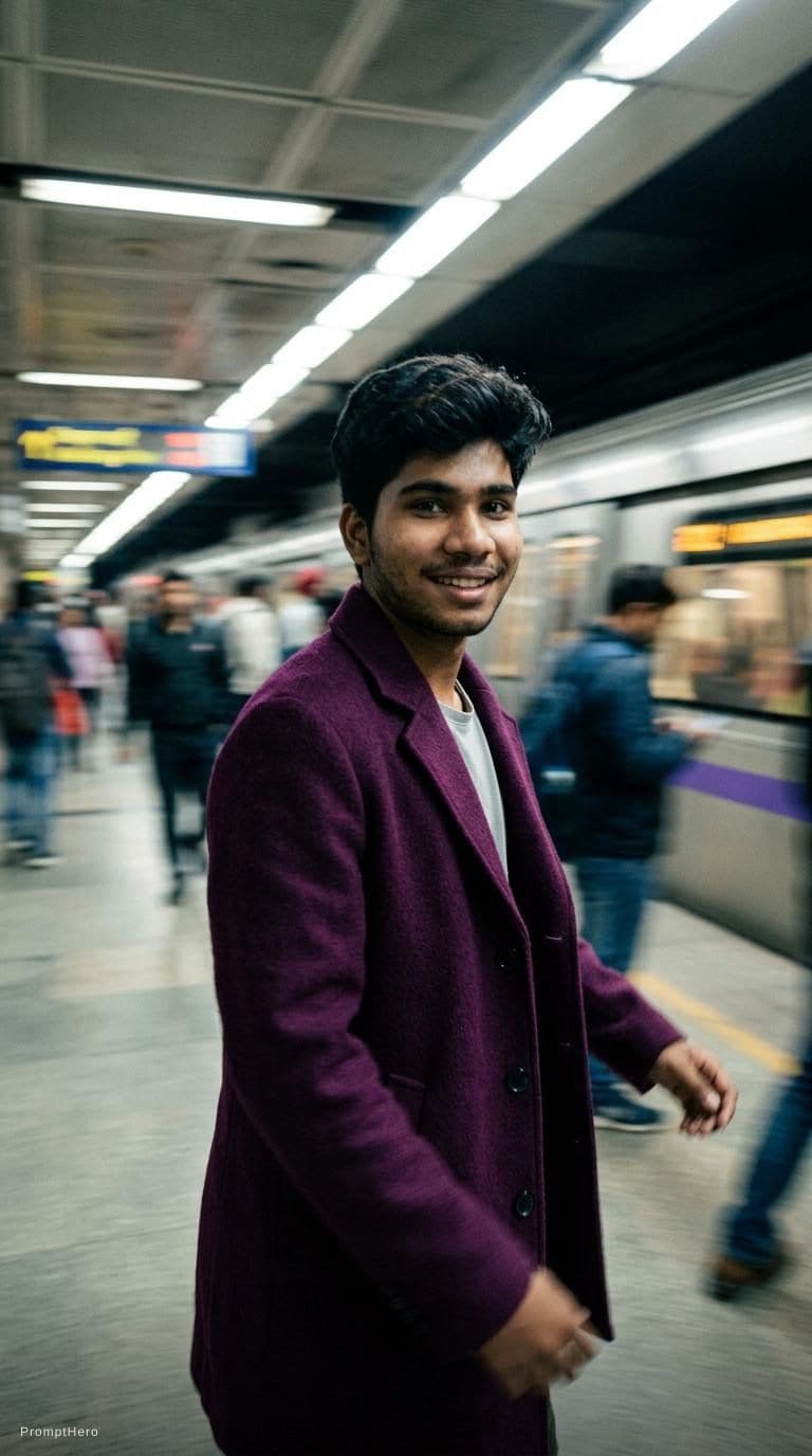 AI generated: fashion editorial photography, motion blur, male model, wearing an wool coat, deep purple color, wal...
