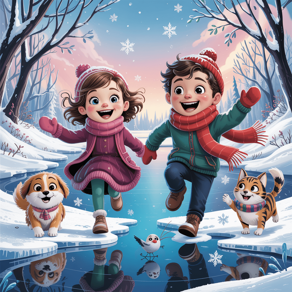 AI generated: A magical winter scene in a highly detailed, cinematic, and glossy style, made in USA animation styl...