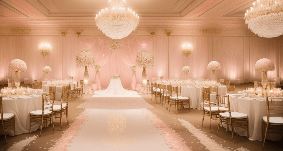 AI generated: "luxury ballroom wedding, crystal chandeliers, blush pink and gold theme, bride in lace wedding dres...