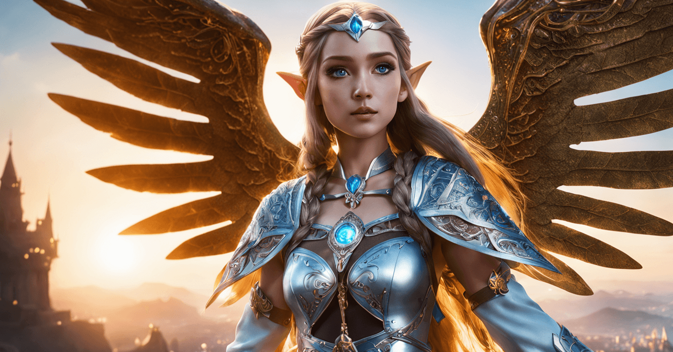 AI generated: princess zelda with cybernetic luminescent crystal wings, falling head first from a high castle wall...