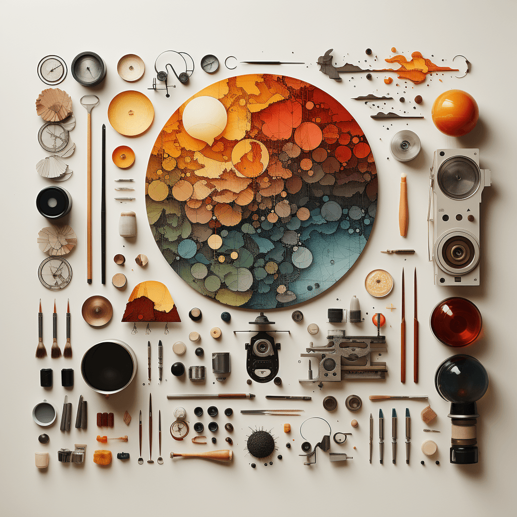 AI generated: Knolling paint and draw art supplies on a white background, ultra realistic, 8k --s 750 