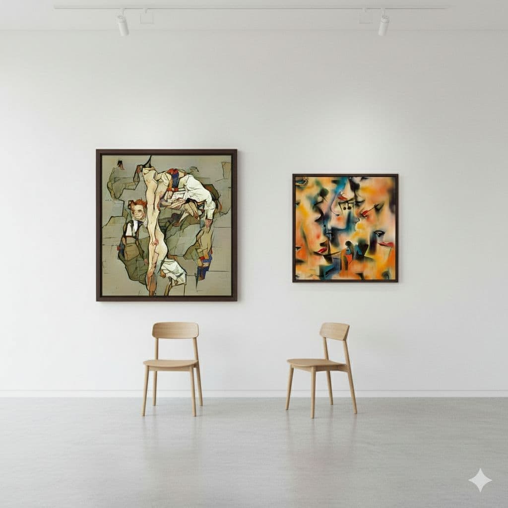 AI generated: a 4:5 aspect ratio version of this image with the artworks in the middle, one chair on either side o...