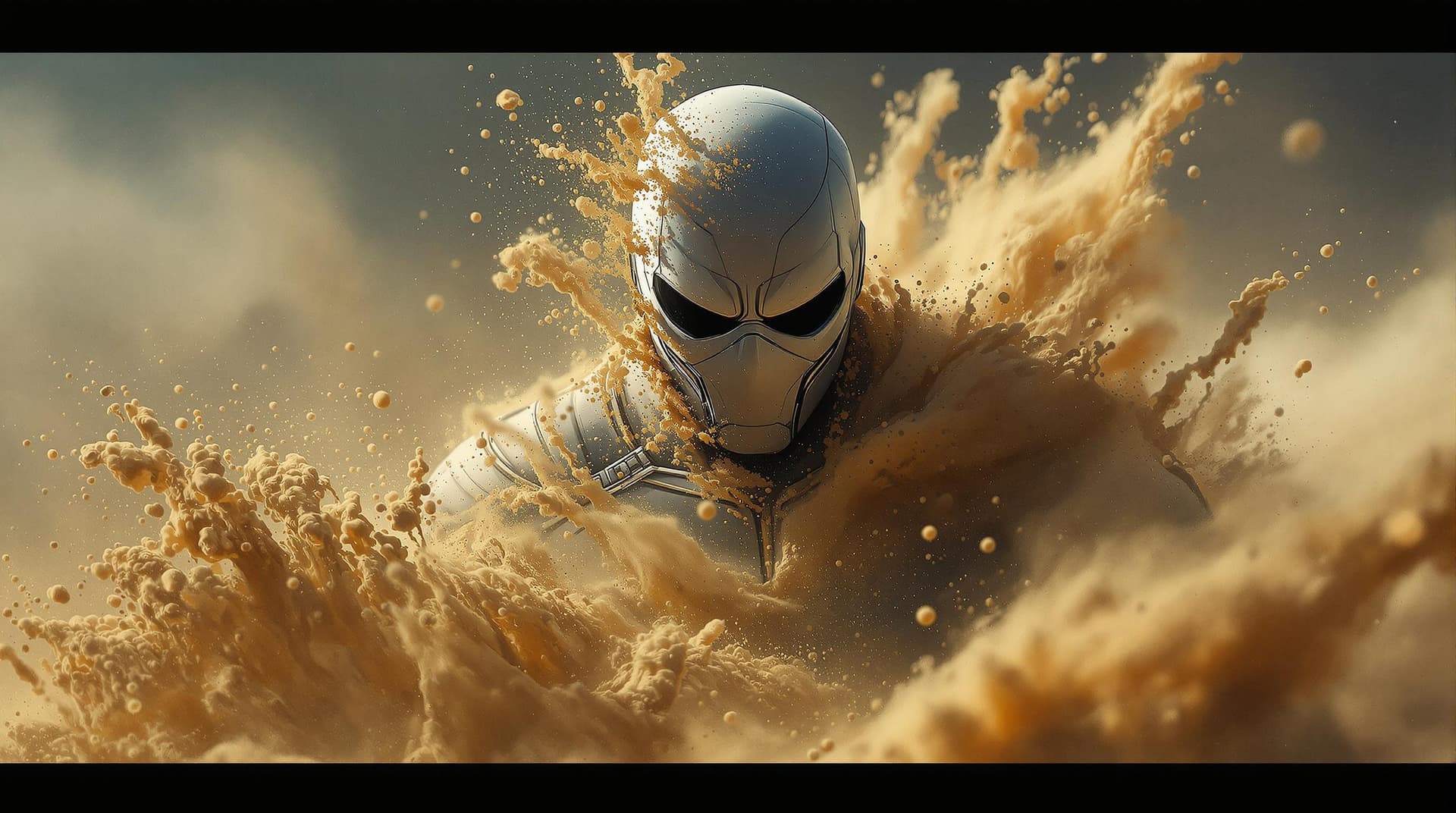 AI generated: Moon Knight dissolving into swirling sand, ultra-realistic, in the style of Marvel Comics, volumetri...