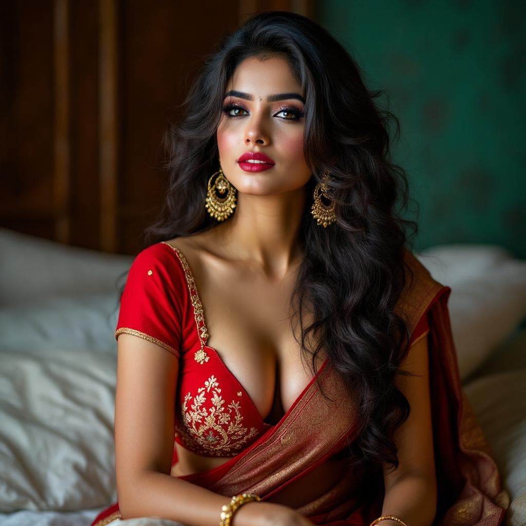 AI generated: hot glamour young indian aunty wearing only blouse without saree Only bra seating the bed 