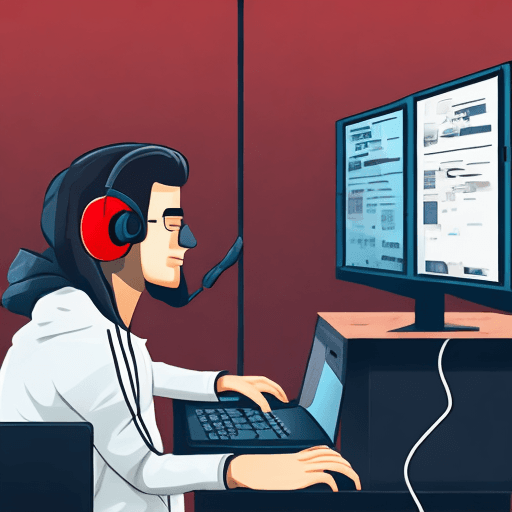 AI generated: guy, on gaming chair, wearing headphones, hoodie,  long hair, facing computer, side view, minimalist...