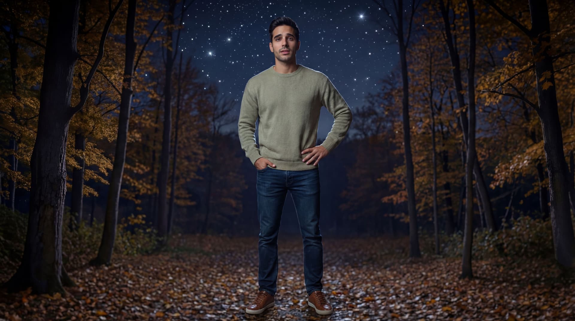 AI generated: The guy is wearing dark blue jeans and brown leather sneakers. One hand is in his pocket. The other ...