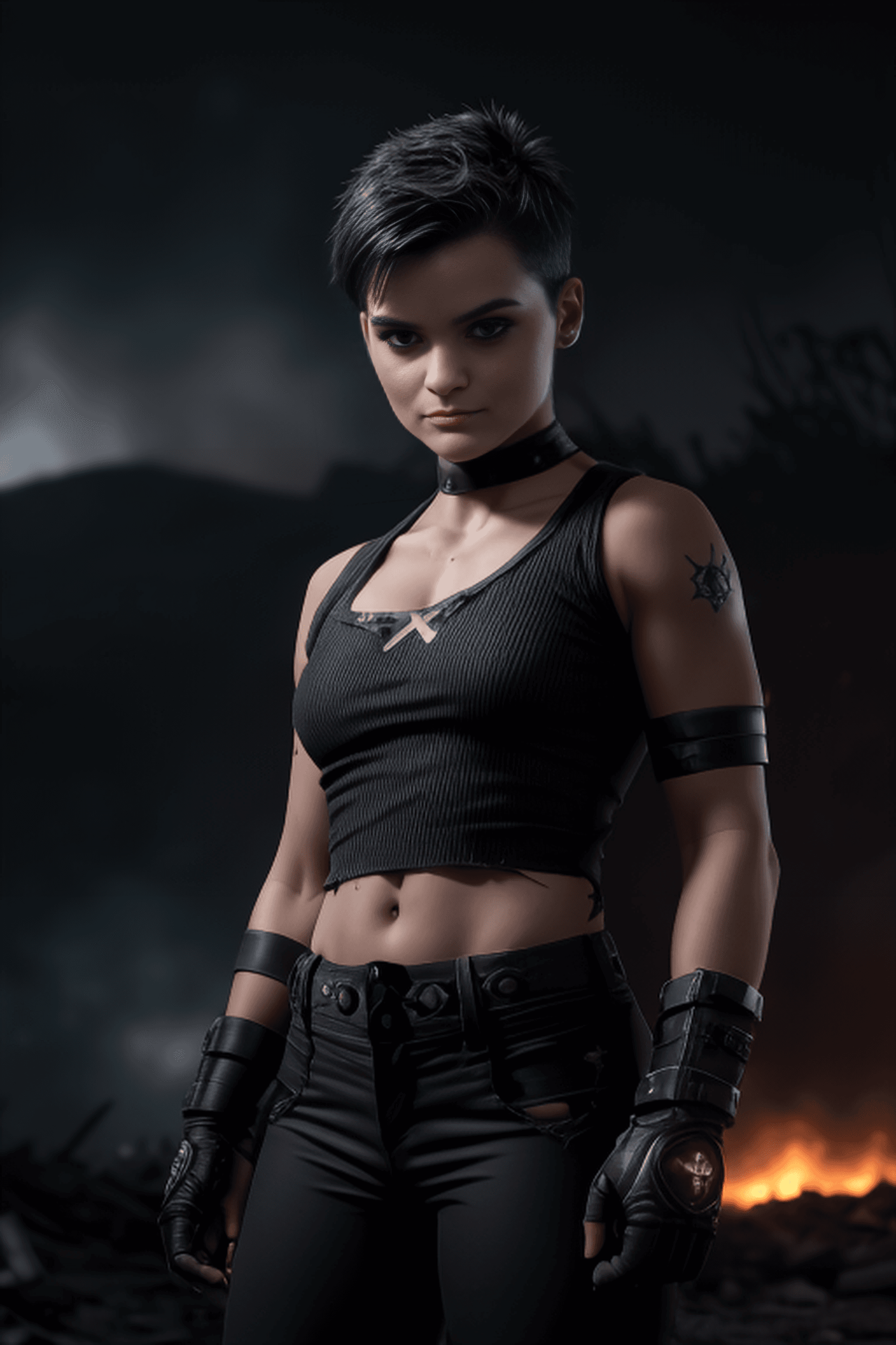 AI generated: (photo of Brianna Hildebrand:1.5) (messy short black hair with shaved head:1.3), (torn shredded X-Me...