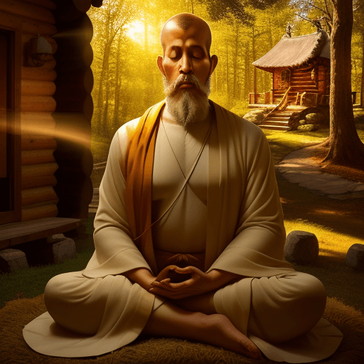 AI generated: a close up shot of monk meditating under tree with a unique and ancient retreat cabin in background,...