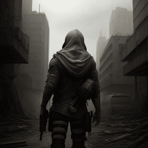 AI generated: Realistic image of post-apocalyptic city. Hooded person from the back.