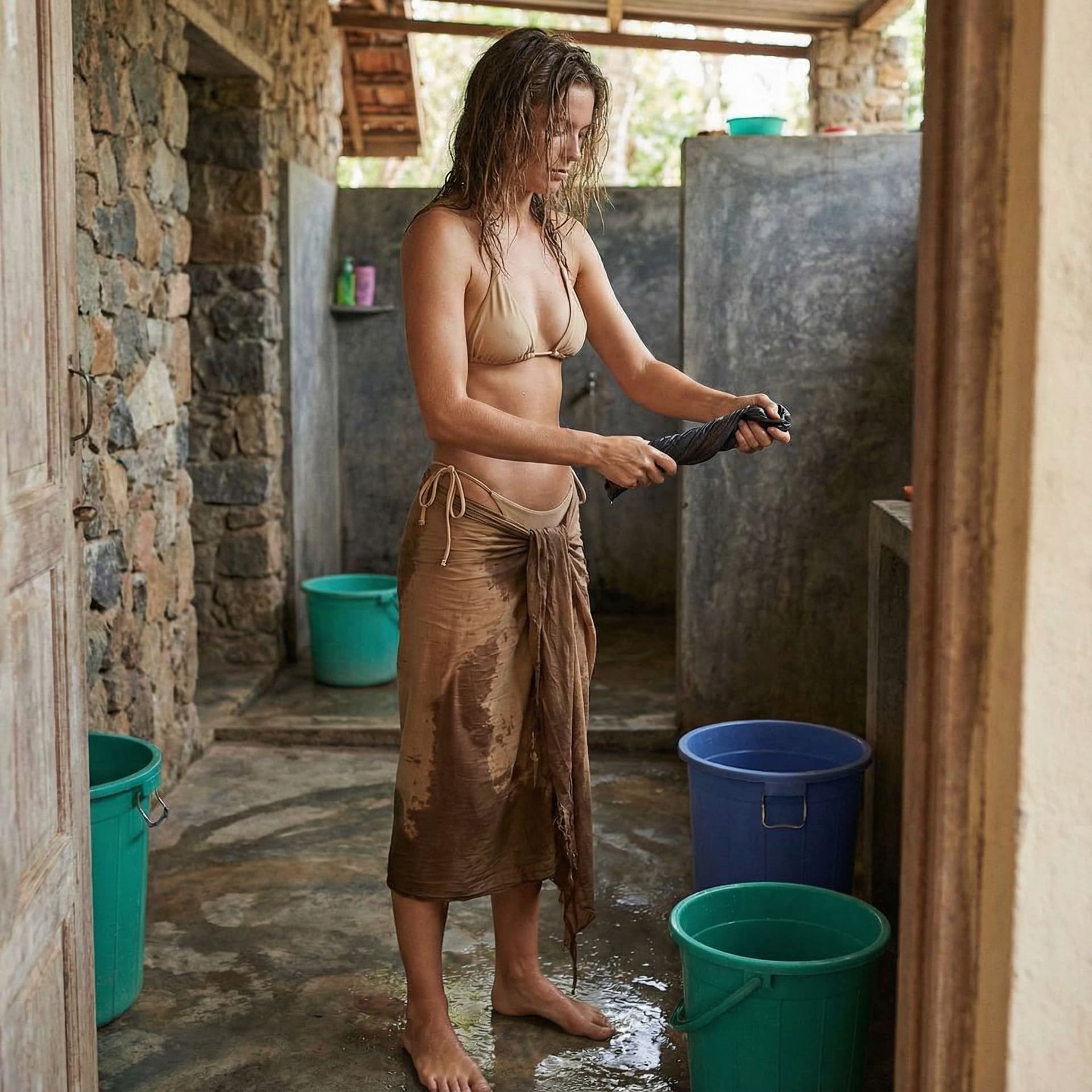 AI generated: Like a wet garment change the dress dress is sand color bikini and change the place is village bathr...