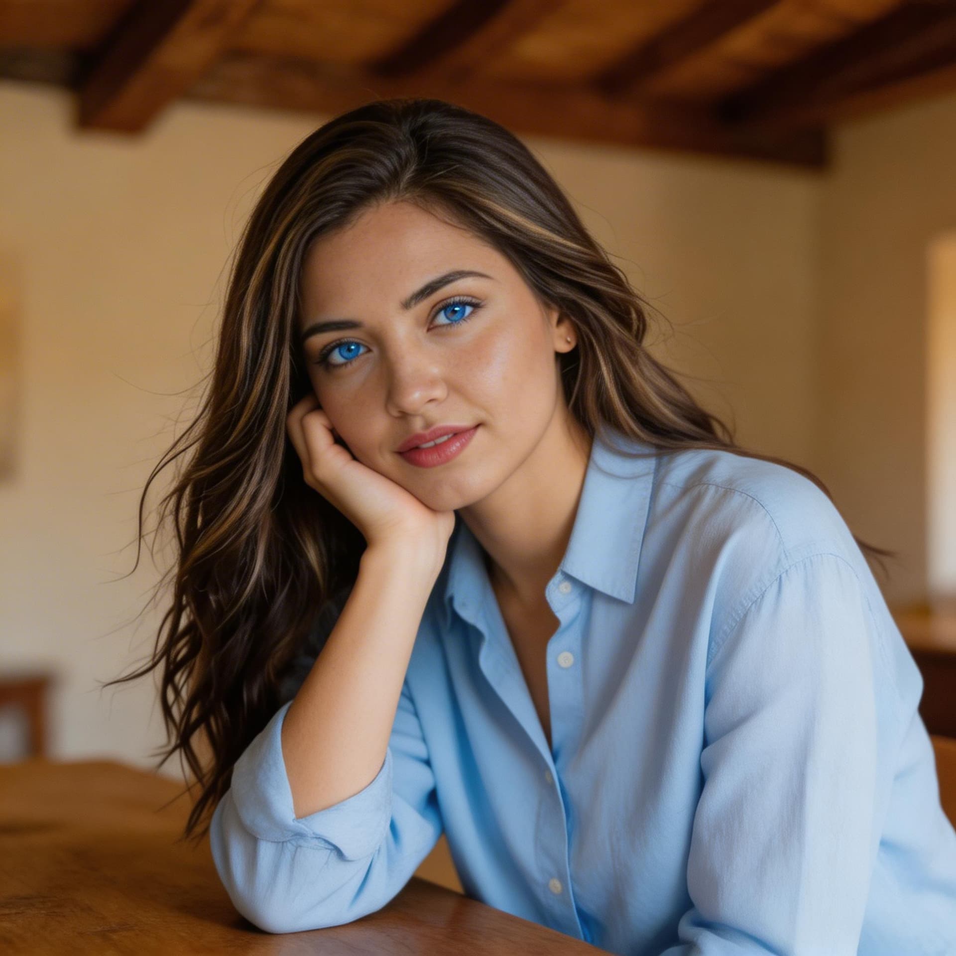 AI generated: Portrait of a brunette woman with wavy highlighted hair, wearing a light blue shirt, leaning forward...