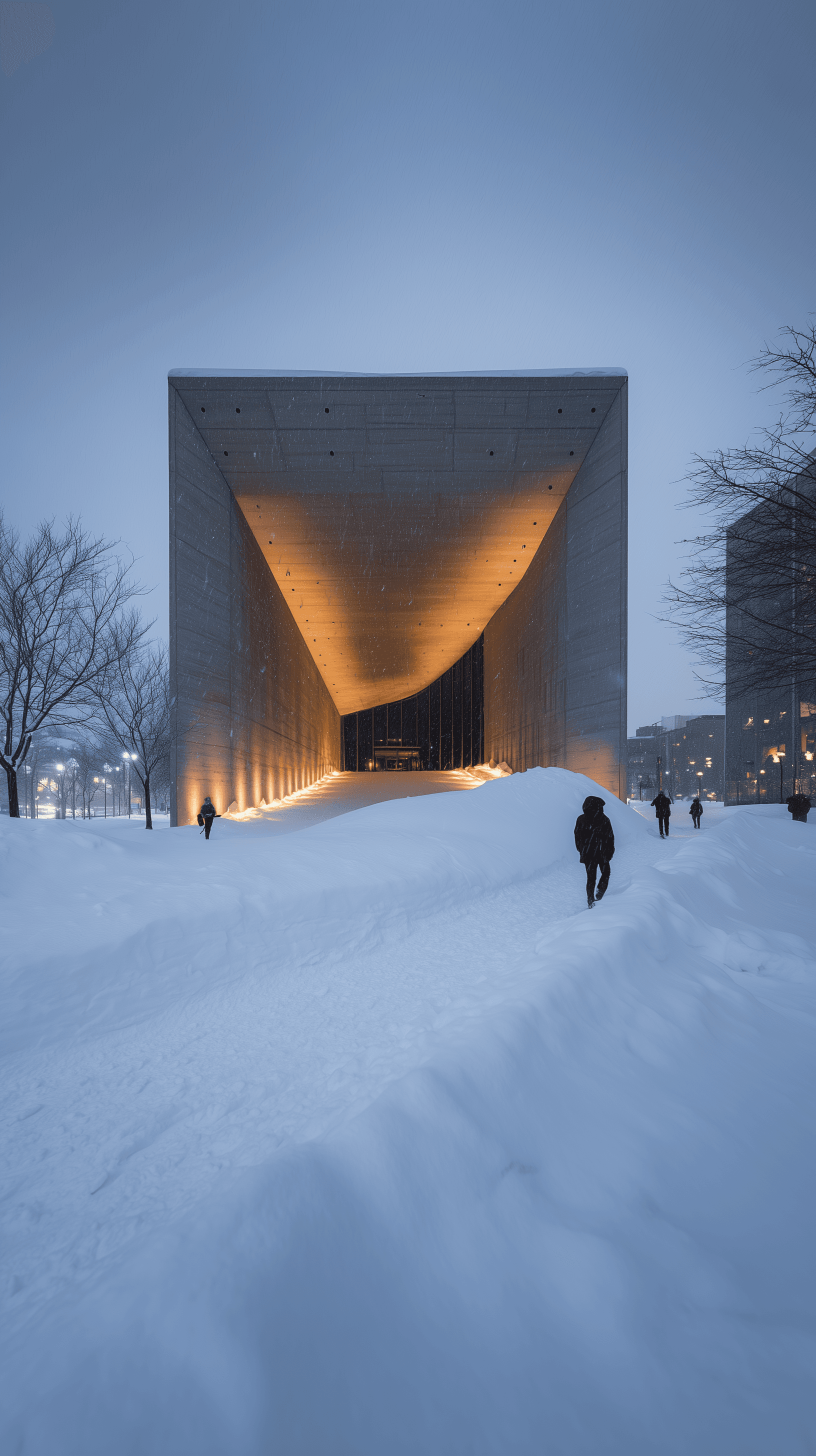 AI generated: architectural photo, front central shot, extreme wide lens, brutalism pavilion, winter with heavy sn...
