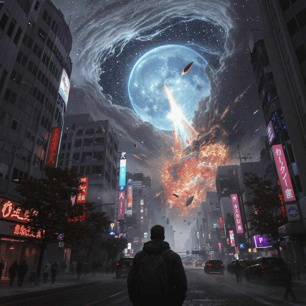 AI generated: Arte ilustração realista pov, spot para cima na direção da lua, lua se despedaçando após um meteoro ...