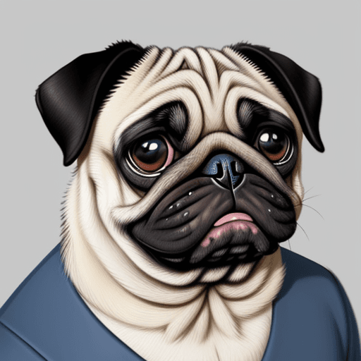 AI generated: Cartoon-style portrait of a pug with exaggerated features.
--ar 16:9