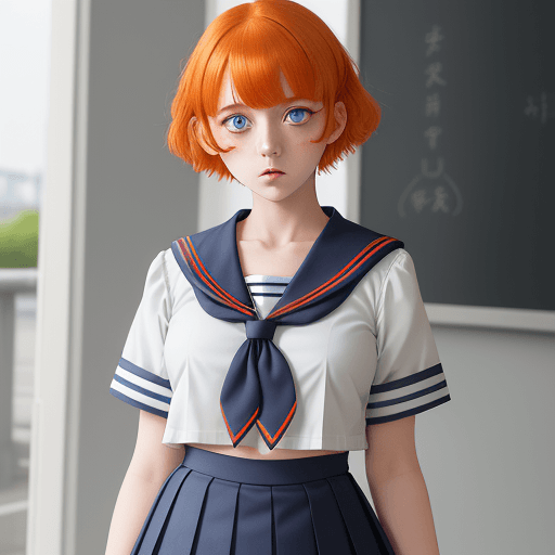 AI generated: 1girl, school uniform, serafuku, sailor collar, neckerchief, orange hair, blue eyes, pleated skirt, ...
