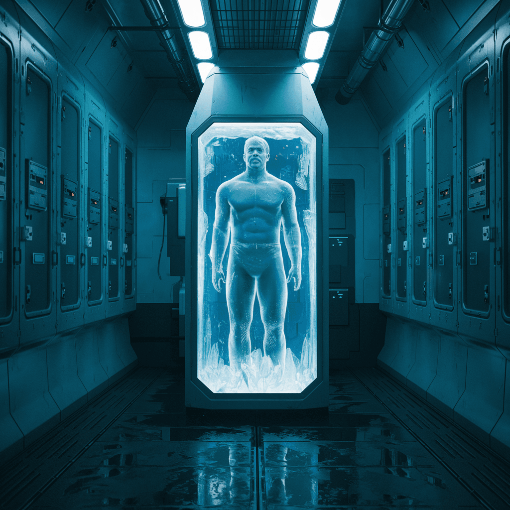 AI generated: A  man, frozen in ice inside an airlock tank, in the middle of a row with other cryo tanks. in a cyb...