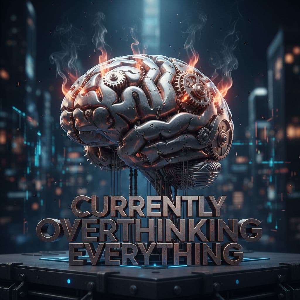 AI generated: "Currently Overthinking Everything" — 3D brain with gears smoking