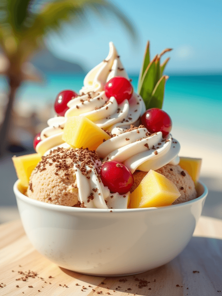 AI generated: bowl of delicious icecream, topped with cream, pineapple, cherries, sprinkeld with chocolate, hi glo...